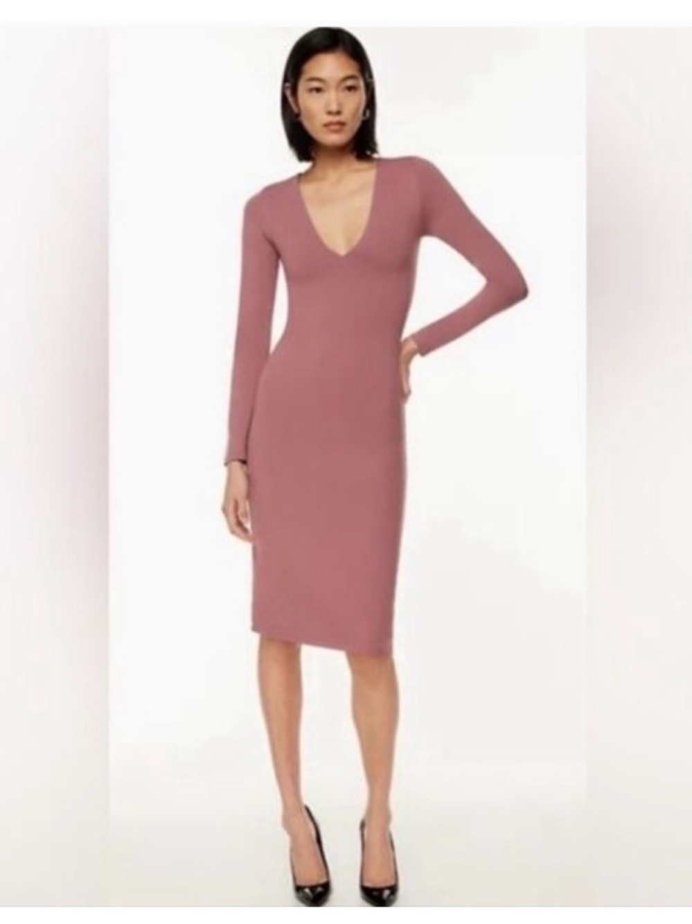 Aritzia Babaton Contour V-neck Long Sleeve Bodycon‎ Midi Dress Size M Red Willow